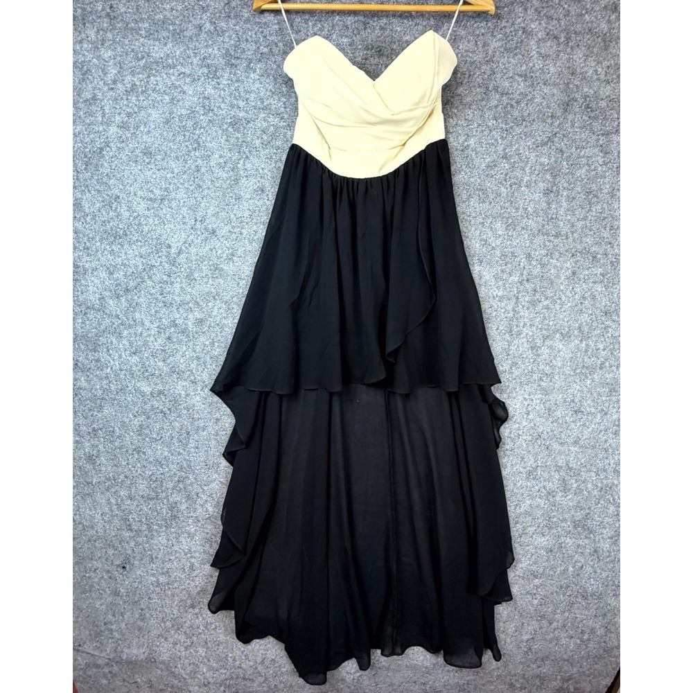 Lakore Milano Dress Women Small Black Beige Ruffle Prom HOCO Colorblock High Low